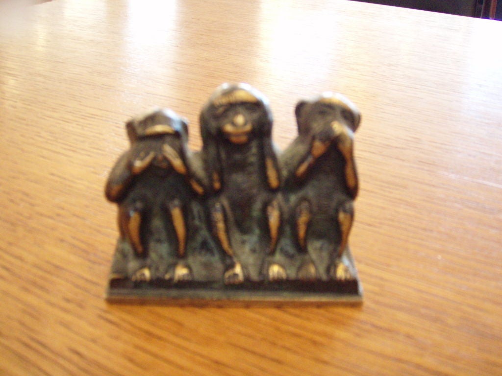 See no evil, hear no evil, speak no evil.  Great rich patina with a green hue and hints of brass.