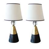 Pair of Brass, Wood & Glass Lamps