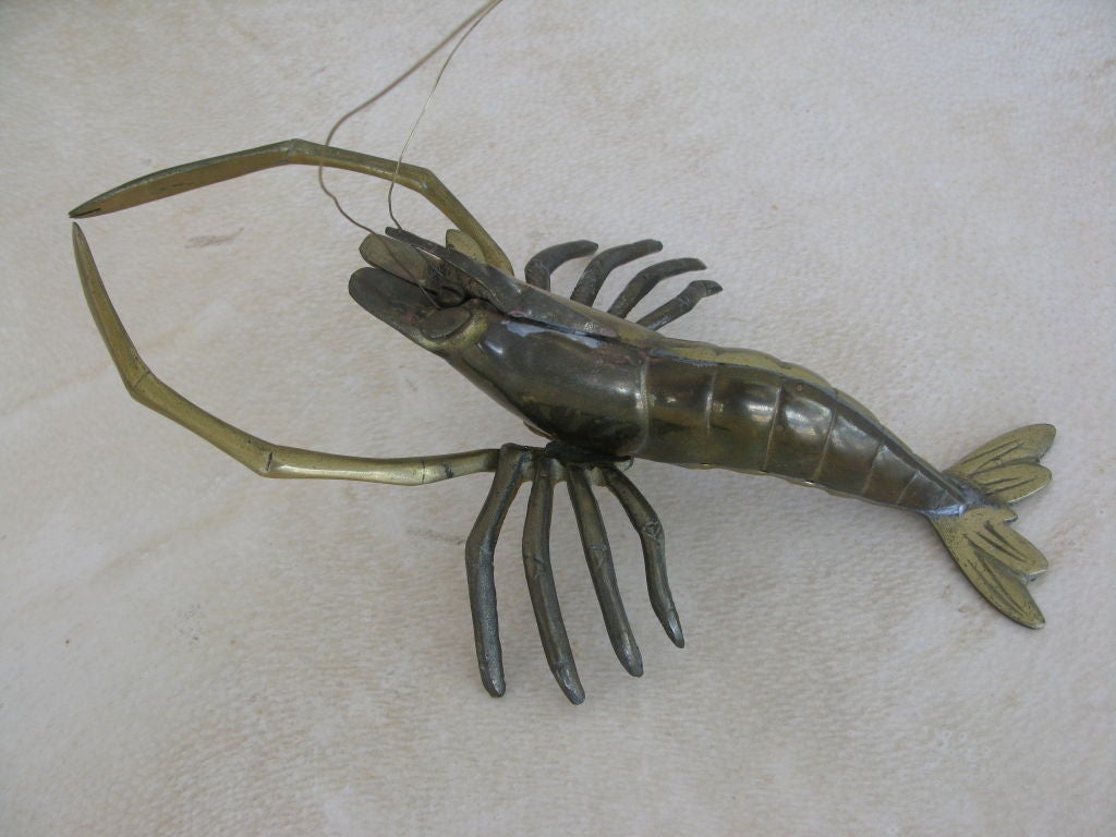 Mid-20th Century Jumbo Brass & Bronze Shrimp Sculpture