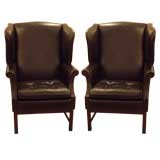 Used Pair of Queen Ann Leather Wing Back Chairs