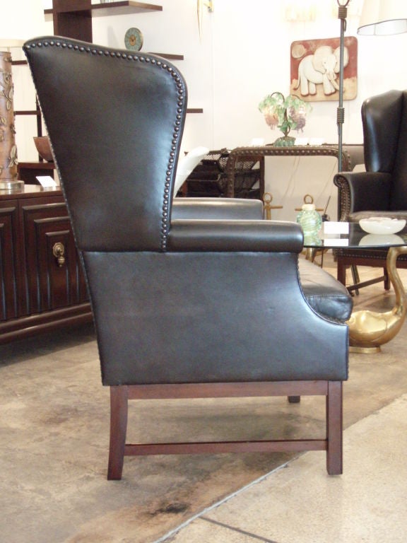 Pair of Queen Ann Leather Wing Back Chairs