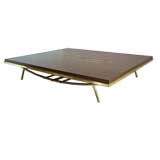 Large Walnut, Brass, and Mosaic Coffee Table