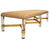 Upholstered Leather, Lucite and Brass Bench signed Karl Springer