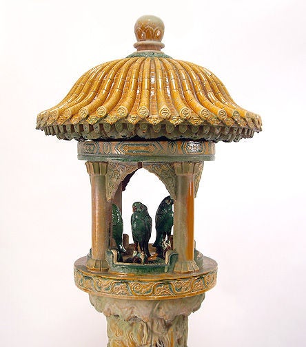 Large glazed ceramic pagoda made in six pieces. Includes three ceramic parrots that are removable. Center hole allows for wiring a light or possible water feature. <br />
<br />
Provenance: Helis estate, Malibu, California.<br />
Interior by Tony