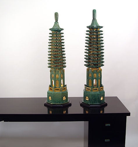 Pair of vintage Chinese pagodas made into lamps by Tony Duquette. Sold as a pair. Bases measure 11 by 11