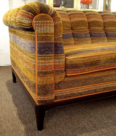 Made in February 1975, this Monteverdi-Young sofa has original<br />
Boris Kroll Estramadura woven fabric and orange leather welting. The base is finished hardwood. <br />
New condition. Clean and never used.