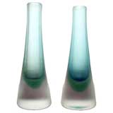 Vintage Pair of Aqua Blue and Green Inciso Glass Vases by Paolo Venini