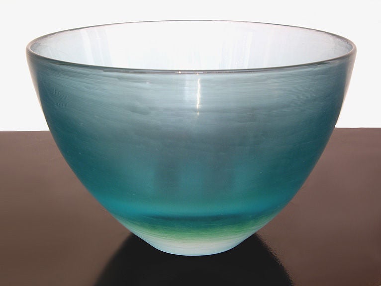 Italian 1950s Aqua Blue and Green Inciso Glass Bowl by Paolo Venini