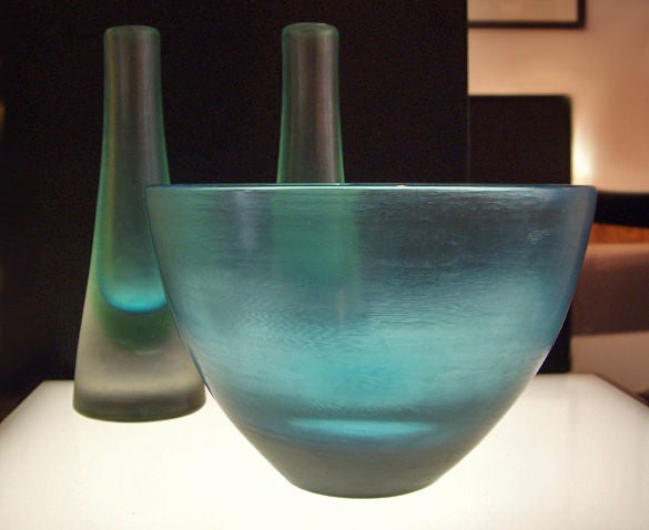 1950s Aqua Blue and Green Inciso Glass Bowl by Paolo Venini In Excellent Condition In TUJUNGA, CA