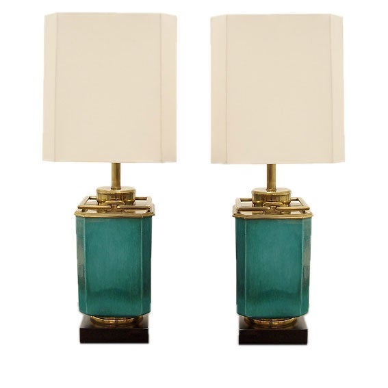 Pair of Glazed Ceramic and Brass Lamps by Stiffel