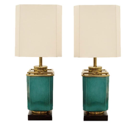 Pair of Glazed Ceramic and Brass Lamps by Stiffel