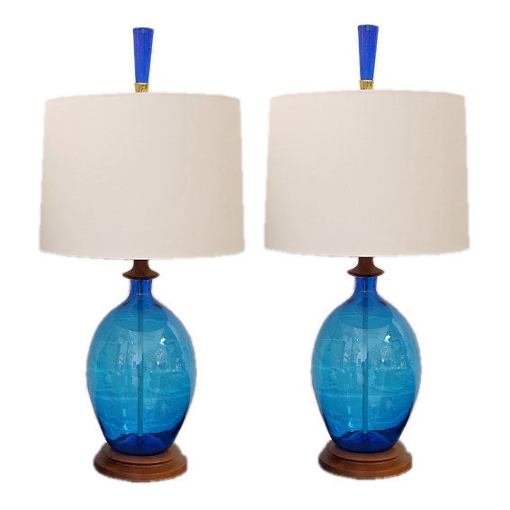 Pair of Glass and Wood Lamps made by Blenko Glass Company