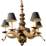 Five Light Horn and Brass Chandelier