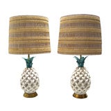 Pair of Italian Glazed Ceramic Lamps with Woven Shades