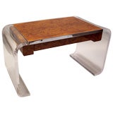 Burl Wood, Polished Chrome and Lucite Desk signed Lion in Frost