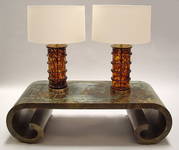 Mid-20th Century Pair of Tortoise Glass Lamps