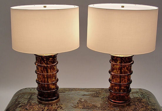 American Pair of Tortoise Glass Lamps