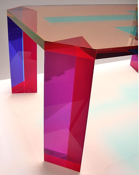 Fascinating coffee table made by internationally known sculptor Vasa. His work explores the three dimensional interactions of light and color. signed Vasa 92.