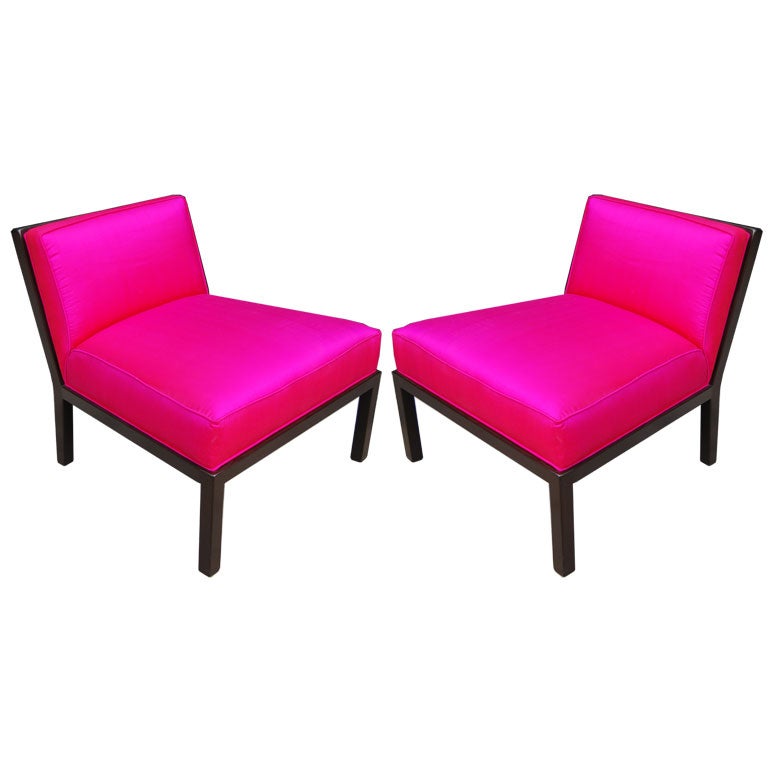 Pair of Fuchsia Silk Michael Taylor Slipper Chairs