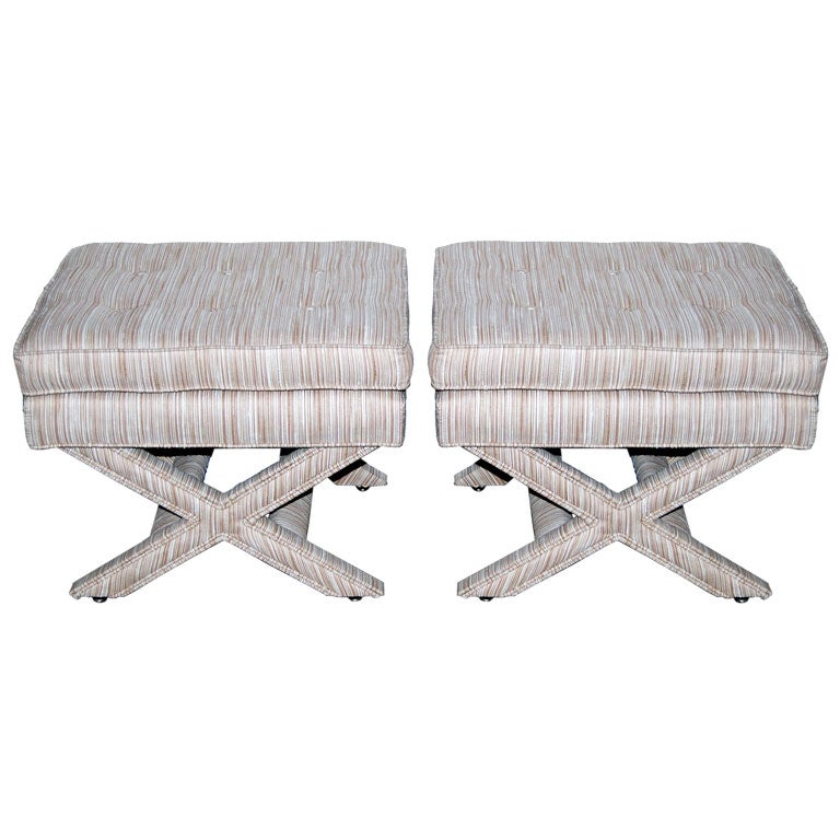 Pair of Classic Upholsterd "X" Base Stools
