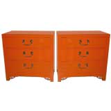 Pair of Orange Lacquer Chinoiserie Cabinets with Brass Hardware