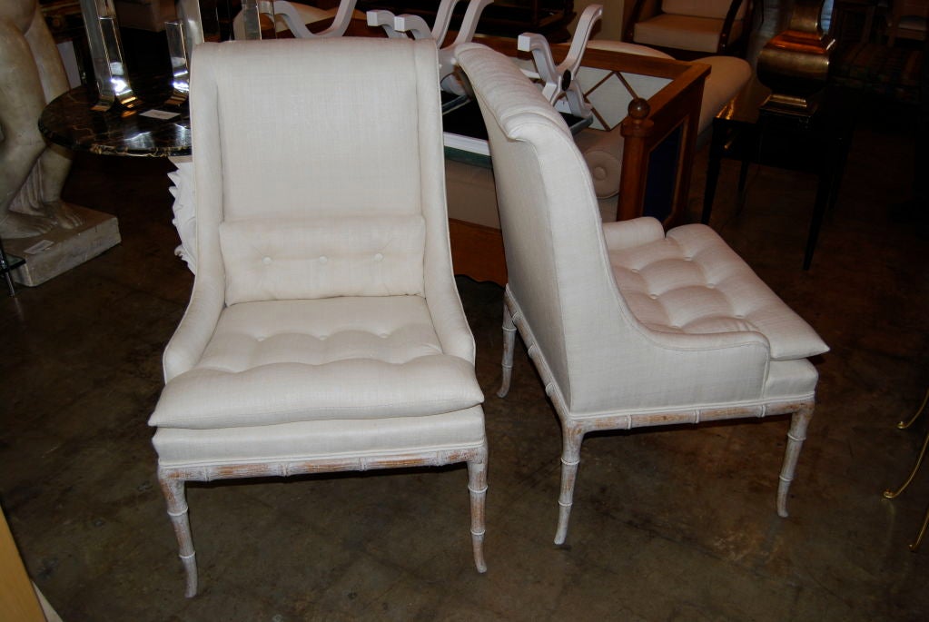 These chairs, from a Bel Estate, are simply gorgeous. Original ceruse finish on the Faux bamboo frames. Restored in a beautiful bleached silk.