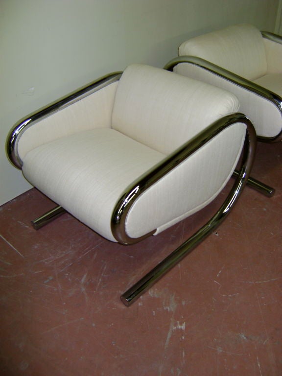 American  Roger Sprunger for Dunbar Cantilever Chrome Chairs in Silk