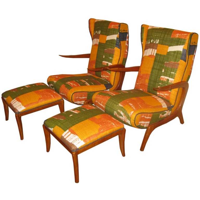 Pair of Italian Mid-Century Modern Arm Chairs with Ottomans For Sale