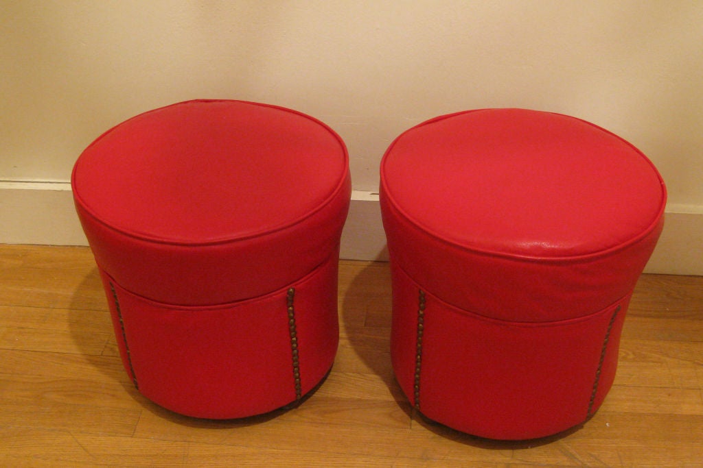 Pair of French Red Vinyl 'Poufs'