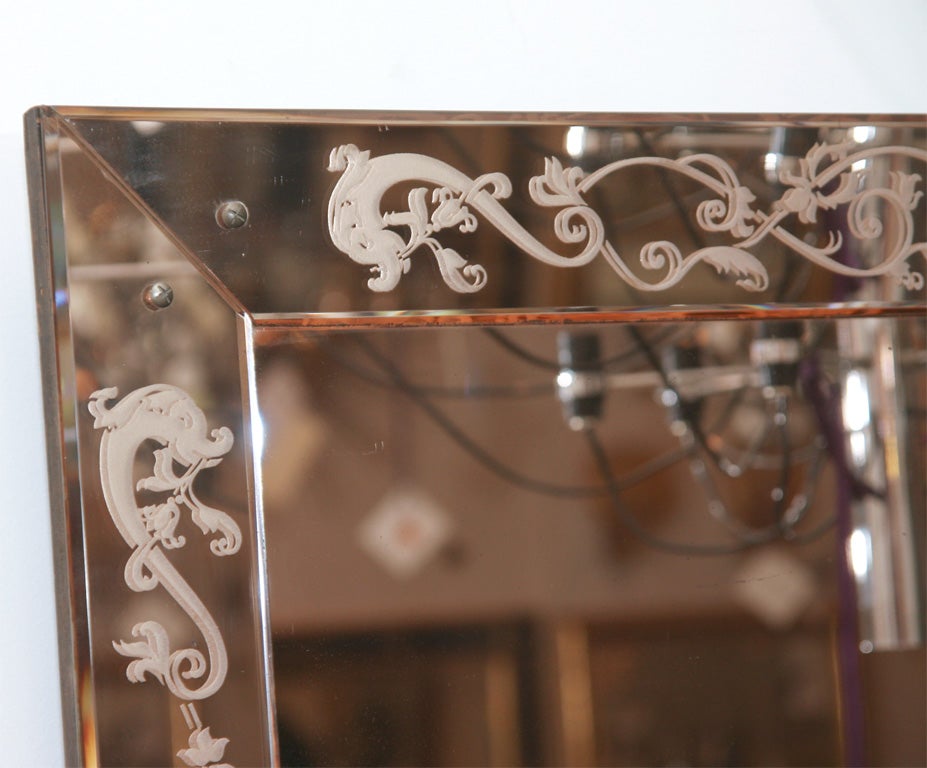 Venetian Etched Copper Tone Glass 1940's Mirror