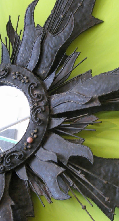 Unique French 1960's Metal Sunburst Mirror with Crystals