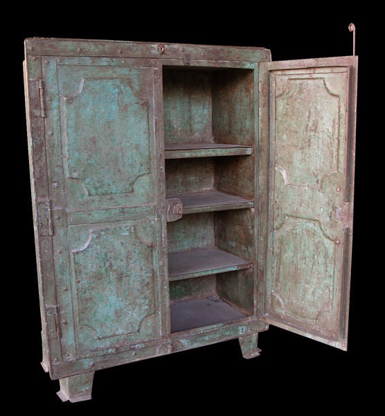 A Bold and Well-Patinated French Industrial 2-Door Blue-Green Painted Iron Cabinet In Good Condition In San Francisco, CA