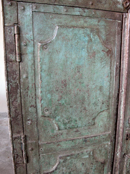19th Century A Bold and Well-Patinated French Industrial 2-Door Blue-Green Painted Iron Cabinet