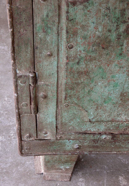 A Bold and Well-Patinated French Industrial 2-Door Blue-Green Painted Iron Cabinet 1