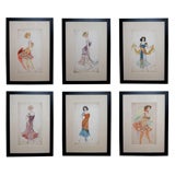Vibrant Set of Six French Art Deco Water Colors of  Fashion Designs