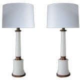 Stylish Pair of French 1940's White Opaline Glass Columnar Lamps