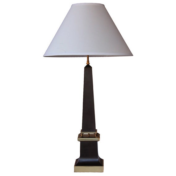 A Sleek French 1940's Black Painted Tole Obelisk-Form Lamp For Sale