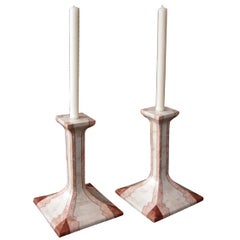 Striking & Large Pair of American 1960's Stone & Marble Veneered Candlesticks 