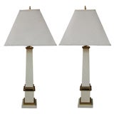 Vintage Pair of American Mid-Century Ivory Painted Tole and Brass Obelisk-Form Lamps