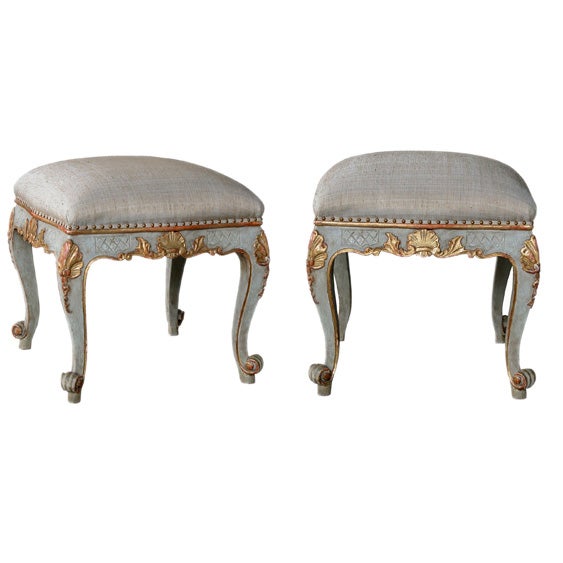 An Elegant Pair of Italian Rococo Style Pale Blue Painted Stools