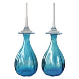 Shapely Pair of Italian 1960's Aqua-Colored Bottle Vases; Murano