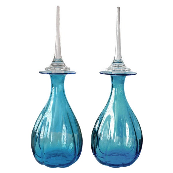 Shapely Pair of Italian 1960's Aqua-Colored Bottle Vases; Murano