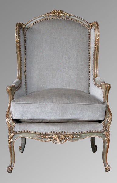 A graceful French rococo style celedon painted and parcel-gilt 