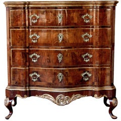 A Curvaceous and Large-Scaled Danish Rococo Burl-Walnut & Parcel-Gilt 4-Drawer Chest