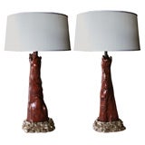 A Warmly-Patinated Pair of 1950's Lamps of Cypress Wood