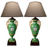 An Elegant Pair of French "Paris" Porcelain Green Painted Lamps
