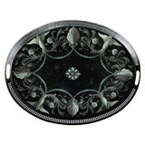 A Finely Painted French Empire Style Black Tole Oval Tray