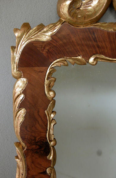 Curvaceous Danish Rococo Style Burl Walnut and Carved Giltwood Mirror In Excellent Condition In San Francisco, CA