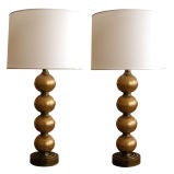 Pair of American Bronze-Colored Crackle-Glass Lamps; Paul Hanson