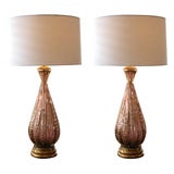 Stunning Pair of Italian Amethyst Aventurine Glass Lamps; Seguso